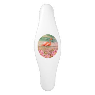 Poignée De Porte En Céramique Flamant rose tropical sur la plage avec Imaginaire