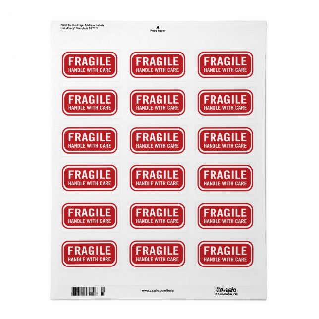 Poignée fragile rouge avec Étiquette de messagerie (Feuille entière)