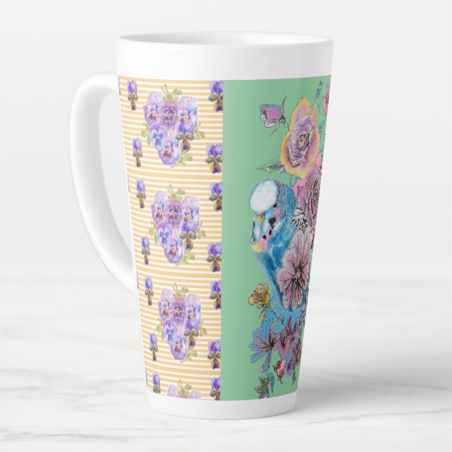 Poignée rose poitrine Budgie florale Latte Mug (Angle gauche)