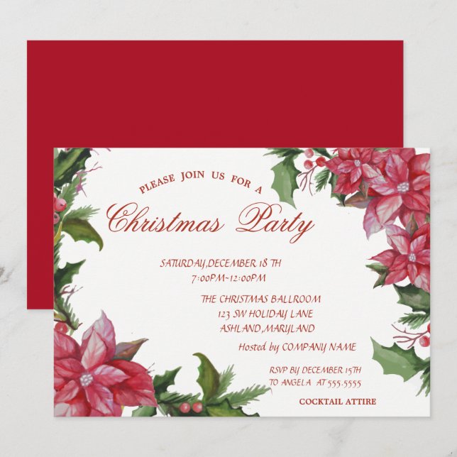Poinsetta,Red Corporate Christmas Party Invitation (Front/Back)