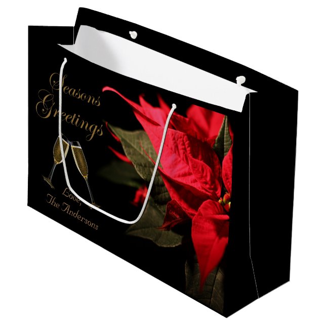 Poinsettia and Champagne Elegant Personalised Large Gift Bag (Front Angled)