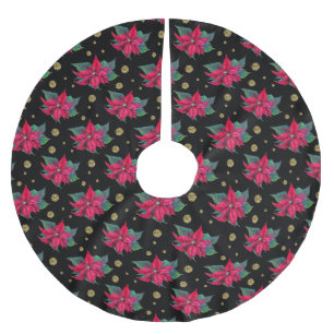 Poinsettia and Gold Circles Pattern Brushed Polyester Tree Skirt