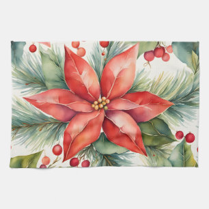 Poinsettia and Holly Berries Christmas Kitchen Towel