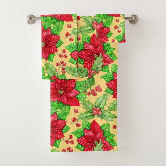 Poinsettia and holly berry watercolor bath towel set (Insitu)