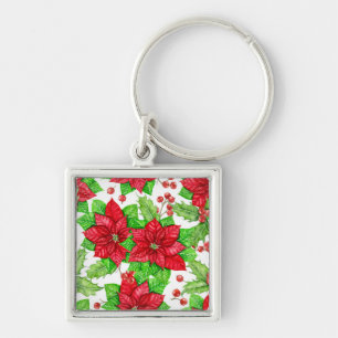 Poinsettia and holly berry watercolor Christmas Keychain