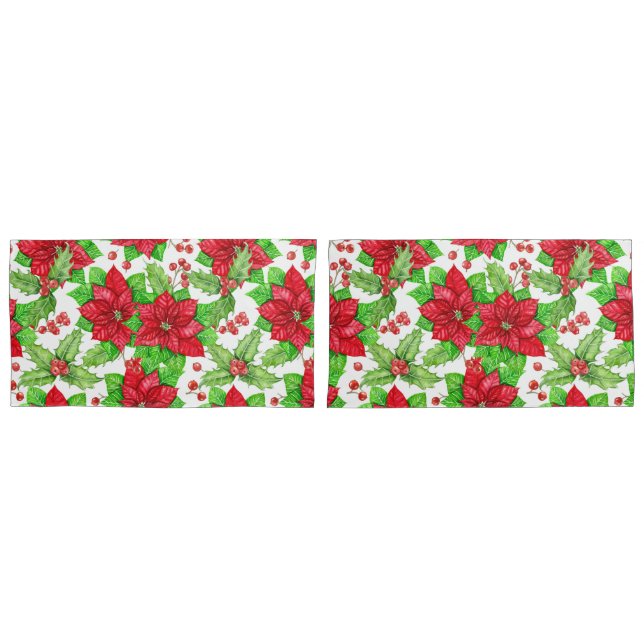 Poinsettia and holly berry watercolor Christmas Pillowcase (Front-Set)
