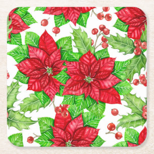 Poinsettia and holly berry watercolor Christmas Square Paper Coaster