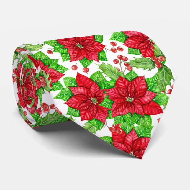 Poinsettia and holly berry watercolor Christmas Tie (Rolled)