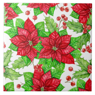 Poinsettia and holly berry watercolor Christmas Tile