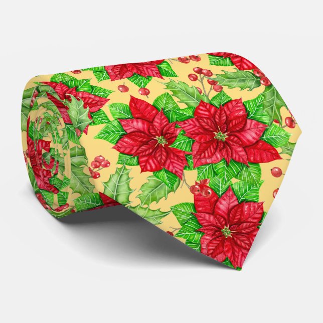 Poinsettia and holly berry watercolor tie (Rolled)
