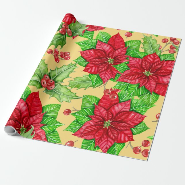 Poinsettia and holly berry watercolor wrapping paper (Unrolled)