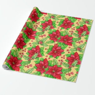 Poinsettia and holly berry watercolor wrapping paper