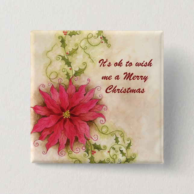 Poinsettia and Holly Christmas Button (Front)