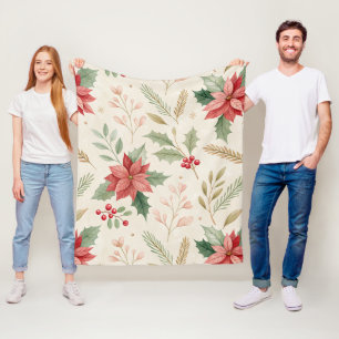 Poinsettia and Holly Pattern – Classic Christmas 1 Fleece Blanket