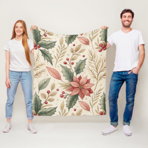 Poinsettia and Holly Pattern – Classic Christmas Fleece Blanket