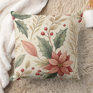 Poinsettia and Holly Pattern – Classic Christmas Throw Pillow