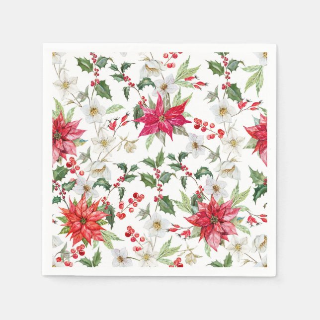 Poinsettia and Paperwhite Christmas Floral Pattern Napkin (Front)
