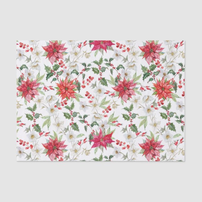 Poinsettia and Paperwhite Christmas Floral Pattern Tissue Paper (Front)