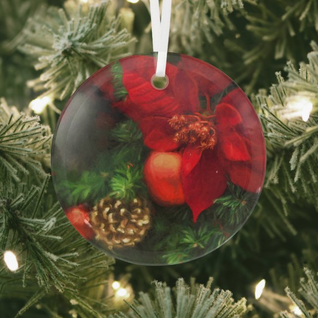 Poinsettia and Pine Cone  Glass Ornament (Insitu)
