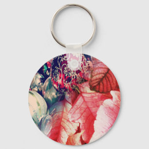 Poinsettia and Vintage Christmas Ornaments Digital Keychain
