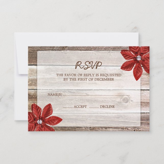 Poinsettia Barn Wood Wedding RSVP Response Card (Front)
