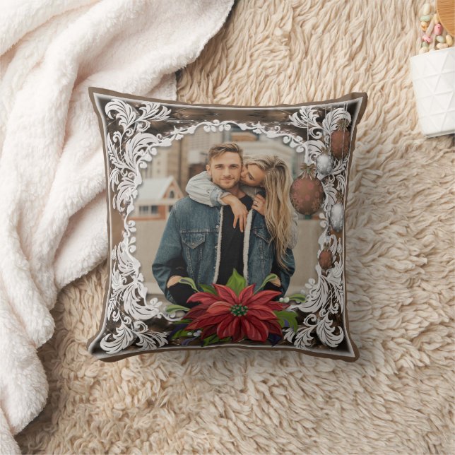 Poinsettia Bauble | Ornate Christmas Holiday Photo Throw Pillow (Blanket)