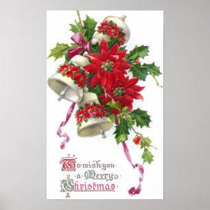 Poinsettia Bells and Holly Vintage Christmas Poster