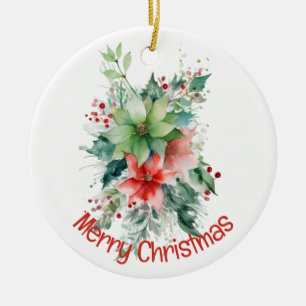 Poinsettia Berries And Leaves Christmas  Ceramic Ornament