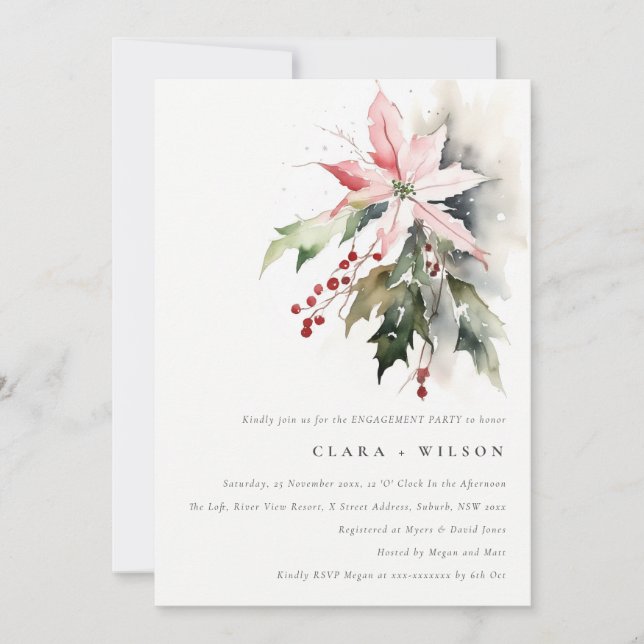 Poinsettia Berries Foliage Watercolor Engagement Invitation (Front)