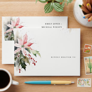 Poinsettia Berries Foliage Watercolor Wedding Envelope
