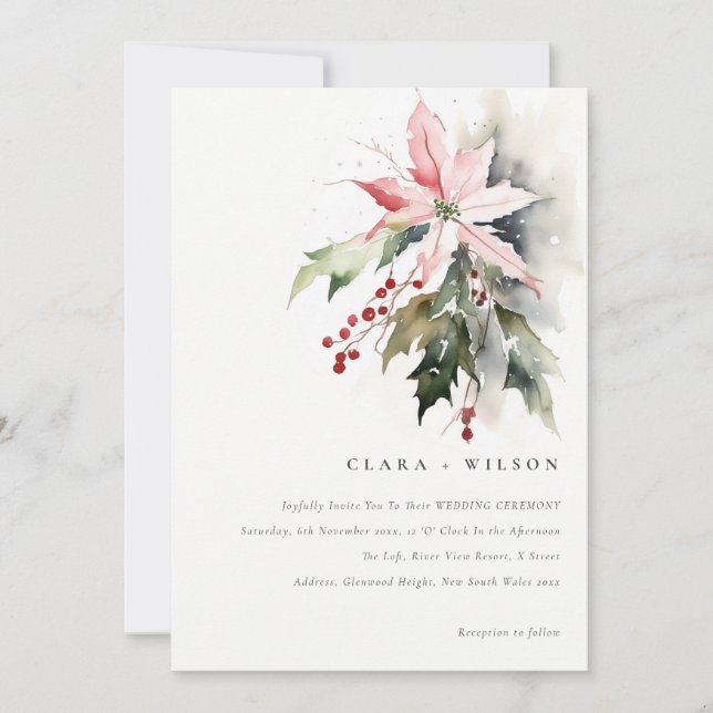 Poinsettia Berries Foliage Watercolor Wedding Invitation (Front)