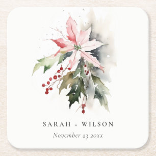 Poinsettia Berries Foliage Watercolor Wedding Square Paper Coaster