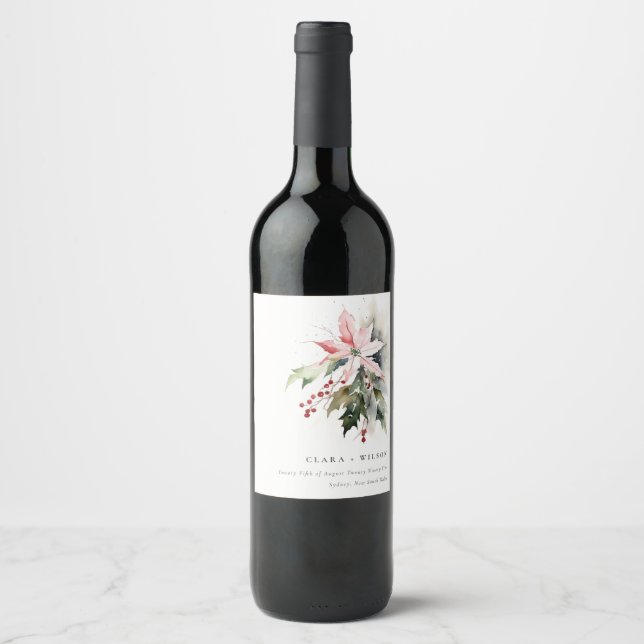 Poinsettia Berries Foliage Watercolor Wedding Wine Label (Front)