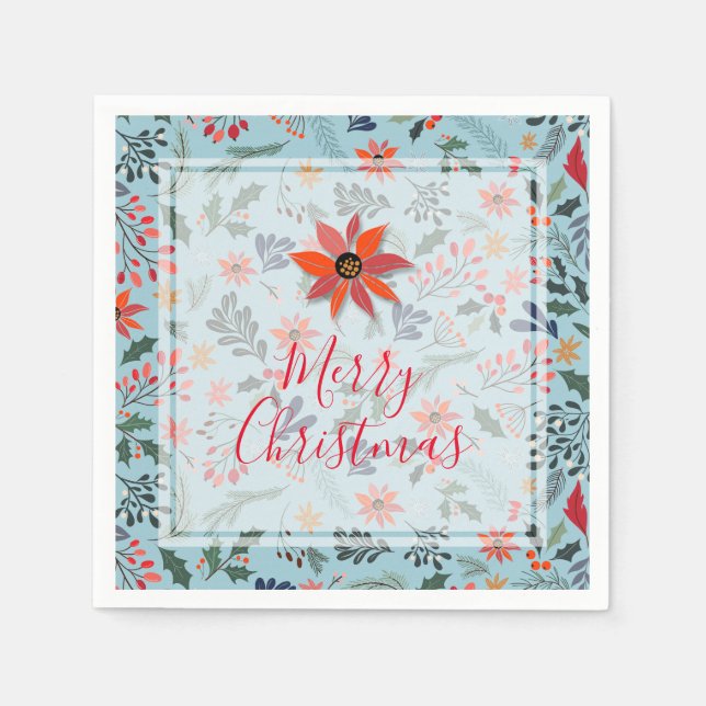 Poinsettia Berries Leaves Holiday Christmas Napkin (Front)