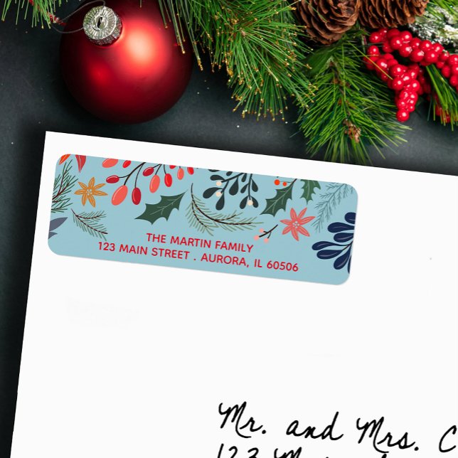 Poinsettia Berry Feuilles Noël Adresse (Winter flowers, berries and leaves on blue Christmas holiday return address labels)