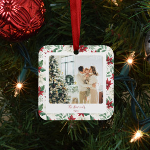 Poinsettia Border Square Holiday Ceramic Ornament