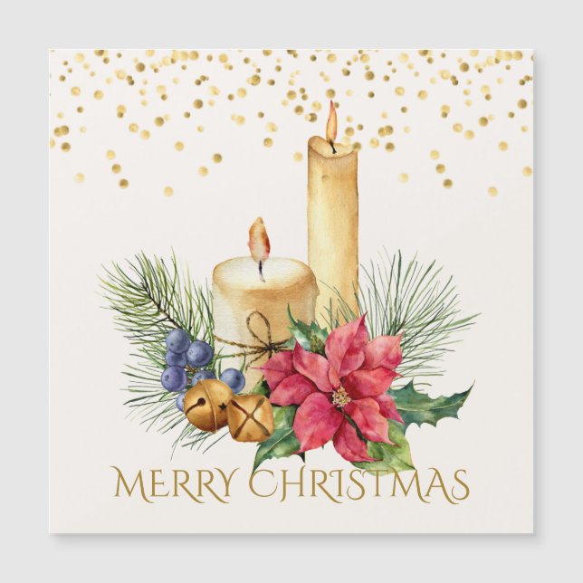 Poinsettia, bougies, carte magnétique de Noël de p (Devant)