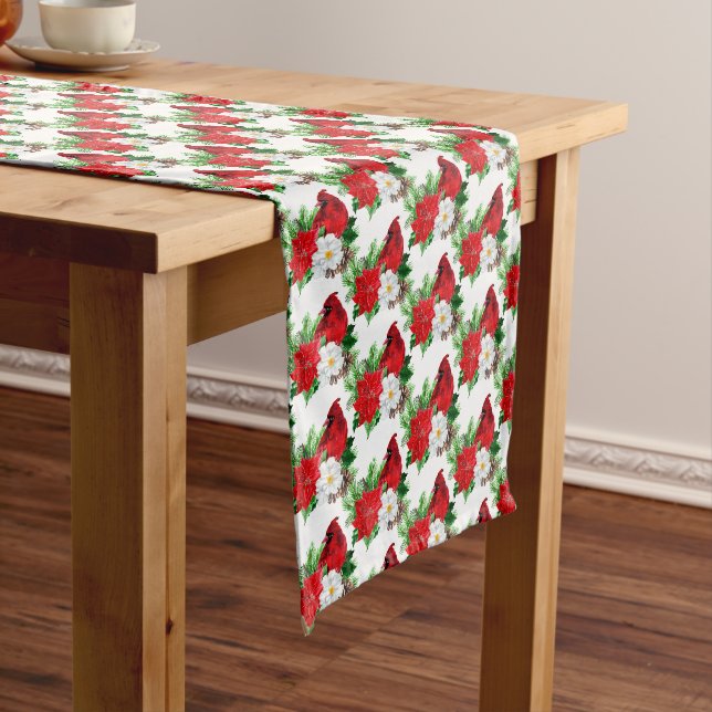 Poinsettia Bouquet Red Cardinal Christmas Medium Table Runner (In Situ)