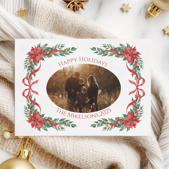 Poinsettia Bow Photo Christmas Holiday Card (Creator Uploaded)
