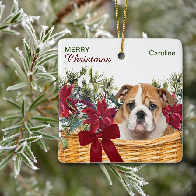 Poinsettia Bulldog Puppy Christmas Basket Ceramic Ornament (Creator Uploaded)