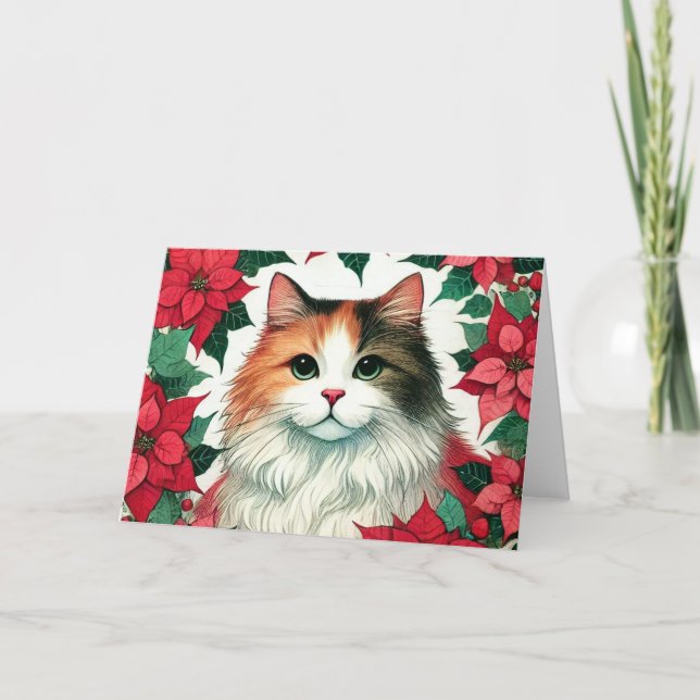 Poinsettia Calico Cat Christmas                    Card (Front)