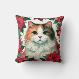 Poinsettia Calico Cat Christmas Throw Pillow