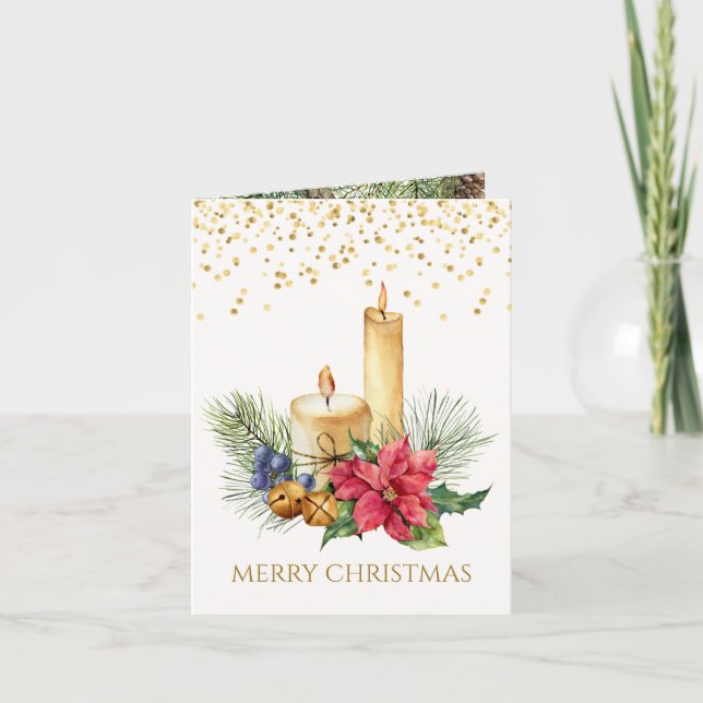 Poinsettia, candles, pine, bells Christmas Holiday Card (Front)