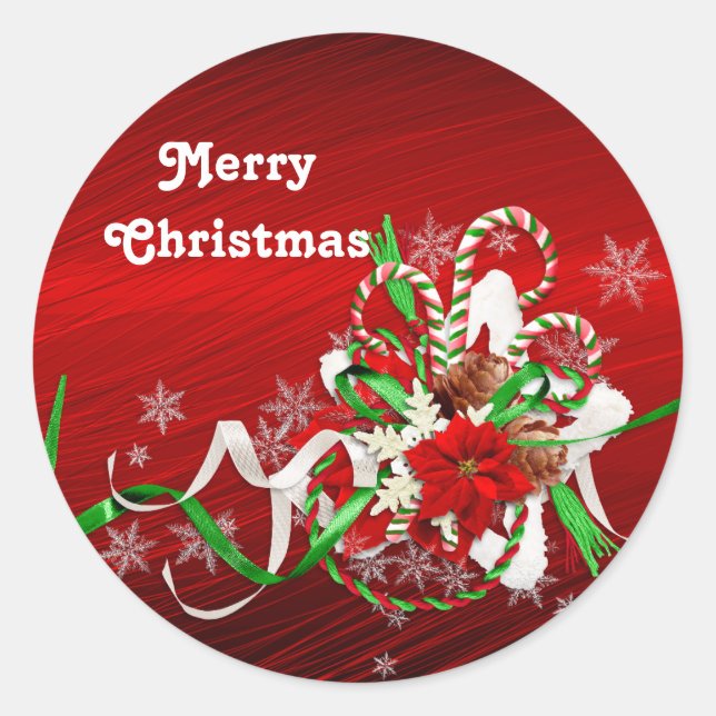 Poinsettia Candy Cane Bouquet Christmas Classic Round Sticker (Front)
