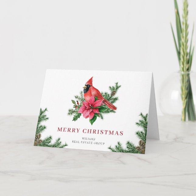 Poinsettia & Cardinal Christmas Corporate Greeting Holiday Card (Front)