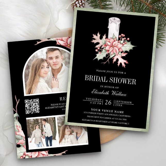 Poinsettia Christmas Candle Black Bridal Shower Invitation (Creator Uploaded)