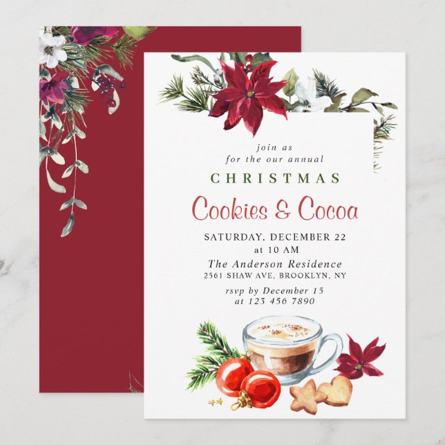 Poinsettia Christmas Cookies & Cocoa Holiday Party Invitation (Front/Back)