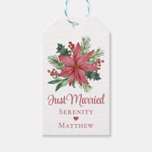Poinsettia Christmas Floral Just Married Wedding Gift Tags