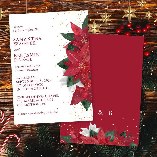 Poinsettia Christmas Floral Red Elegant Wedding Invitation (Creator Uploaded)