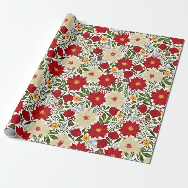 Poinsettia Christmas Floral Wrapping Paper (Unrolled)